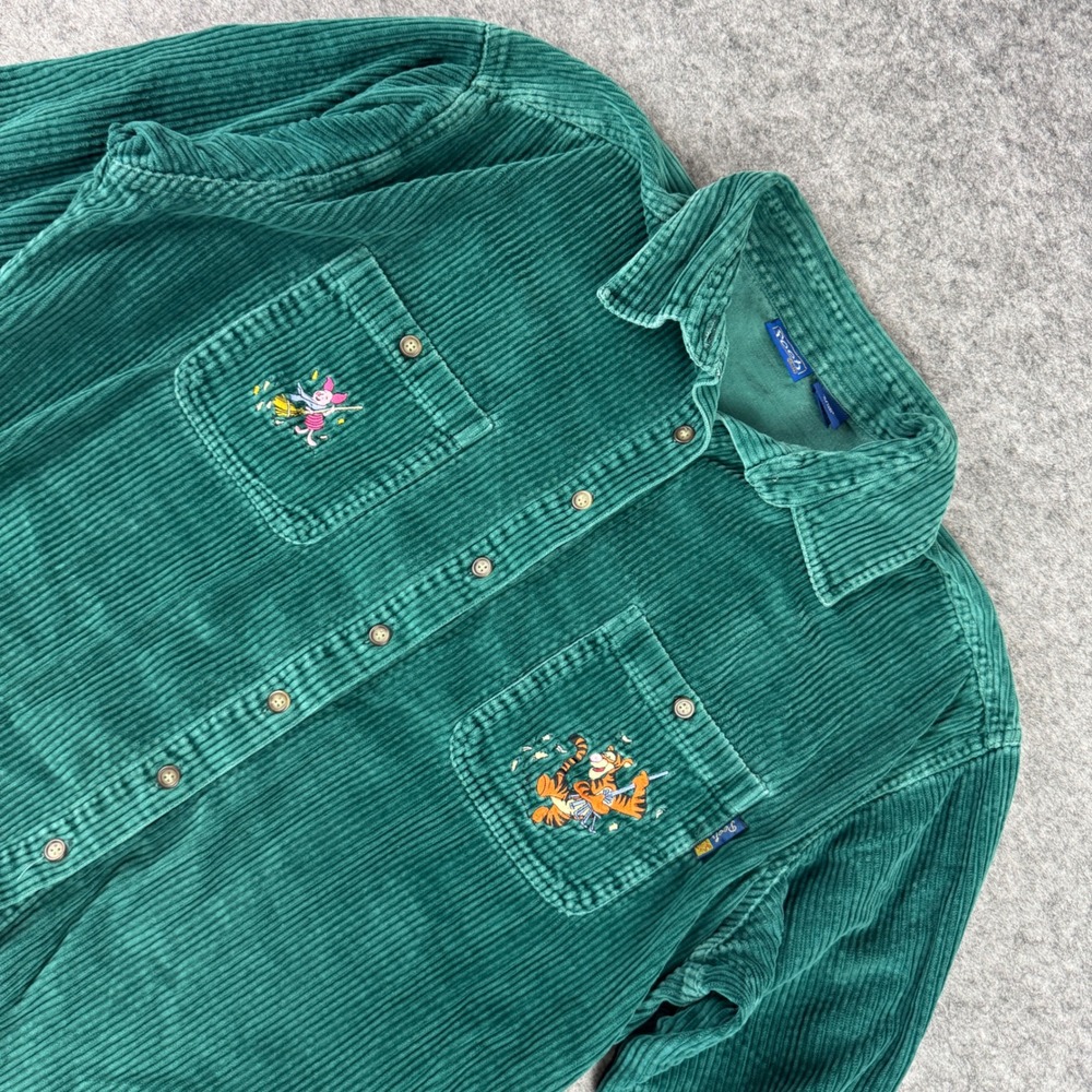 Disney Pooh Green Corduroy Embroidered Tigger Piglet Button Up Shirt Womens L